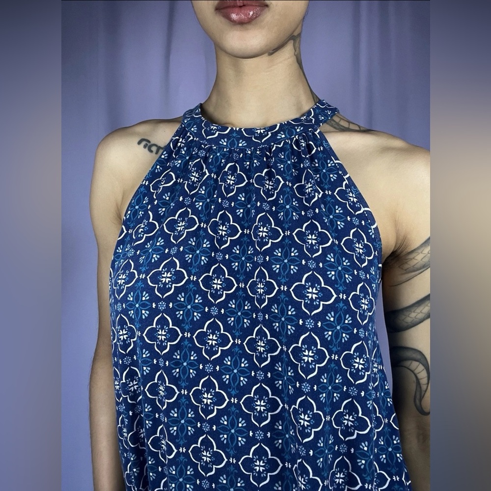 Market & Spruce Blue Geometric Halter Neck Sleeveless Blouse Women Size M Boho